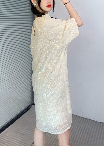 French Apricot O-neck Sequins Mid Dress Summer