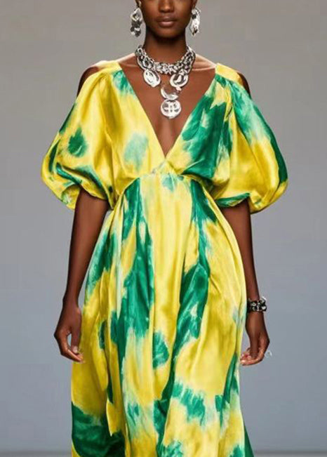 Yellow Cold Shoulder Print Silk Maxi Dresses Lantern Sleeve Summer
