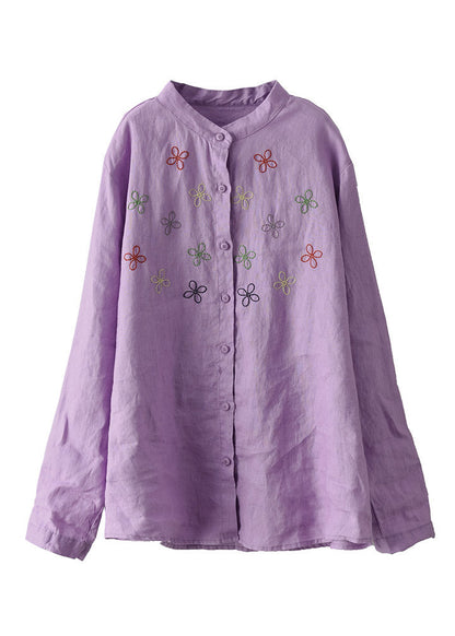 Purple Stand Collar Embroideried Linen Shirt Long Sleeve