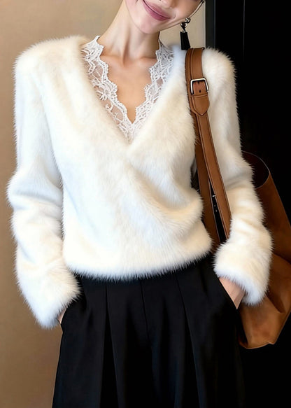 Classy White V Neck Patchwork Mink Hair Knitted Sweater Tops Winter