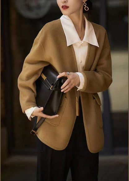 Caramel V Neck Button Pockets Patchwork Woolen Coats Long Sleeve