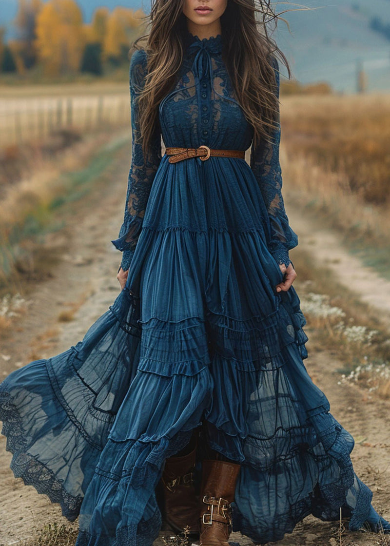Blue Lace Ruffled Patchwork Cotton Robe Dresses Spring