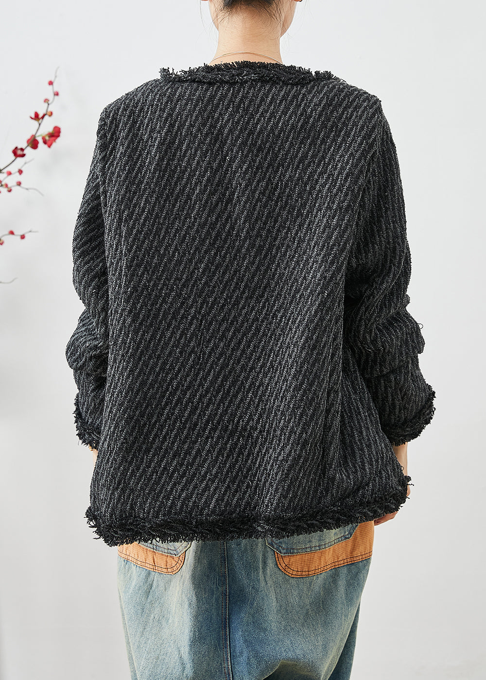 Dark Grey Tasseled Button Down Warm Fine Cotton Filled Jacket Winter