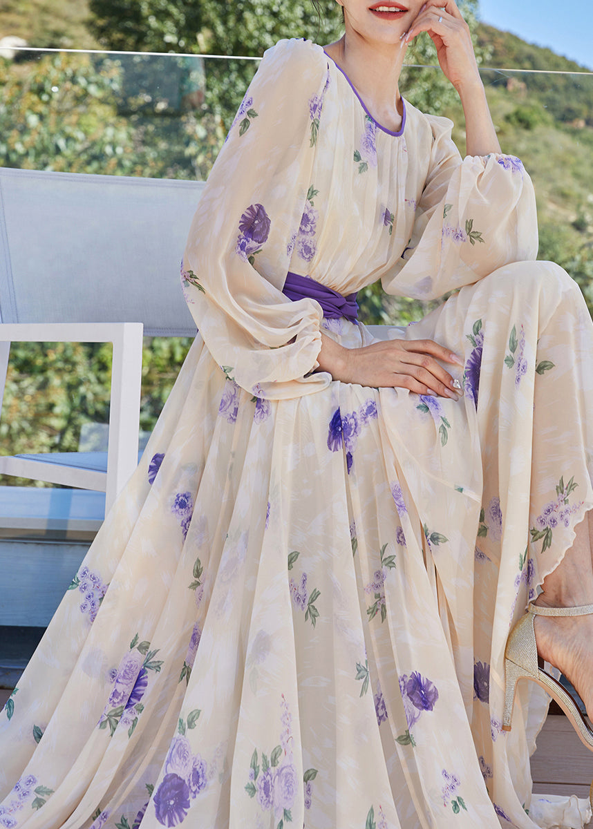 French Apricot Yellow O-neck Print Tunic Bow Chiffon Holiday Maxi Dresses Spring