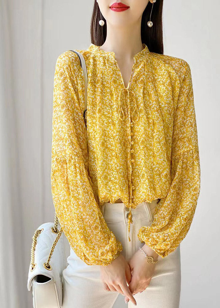 Yellow Stand Collar Print Button Lace Up Chiffon Shirt Long Sleeve