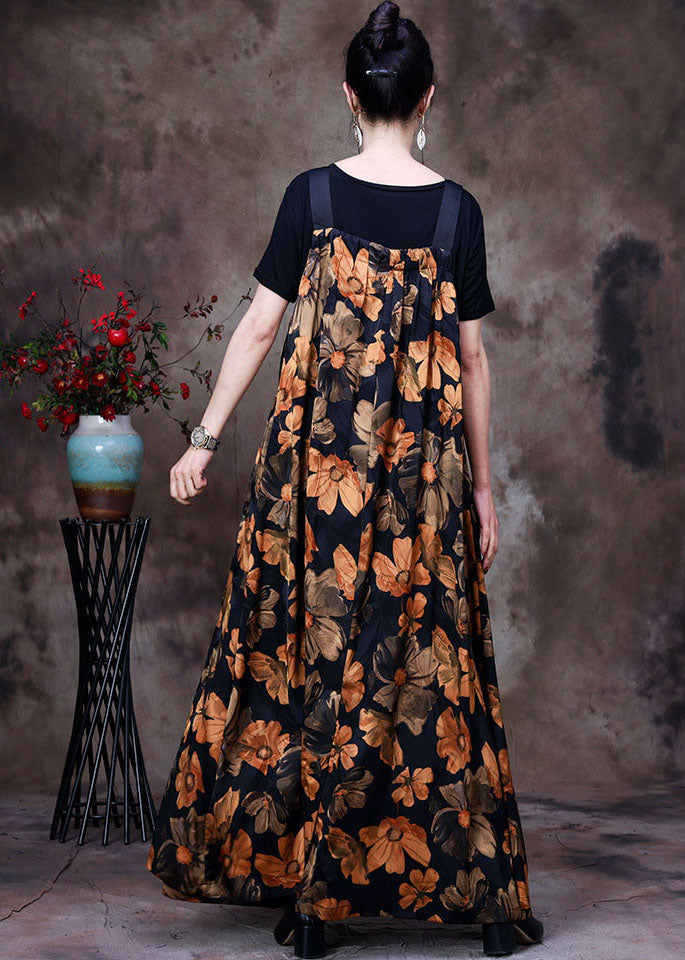 Yellow Wrinkled Print Silk Tanks and Strap Dress Two Piece Set Outfits Summer