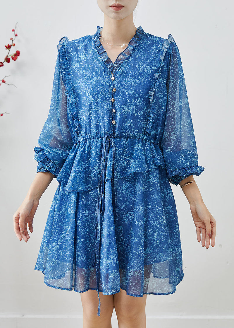 Stylish Blue Ruffled Print Chiffon Cinched Dresses Spring