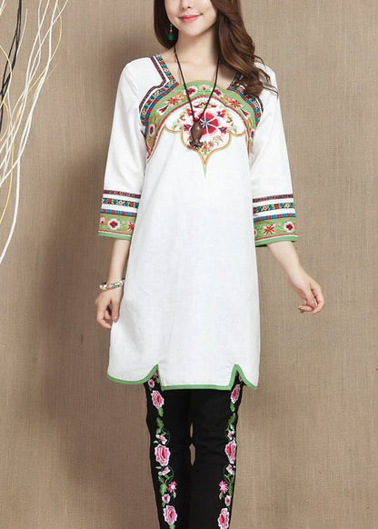 White Embroideried Pockets Patchwork Linen Top Bracelet Sleeve