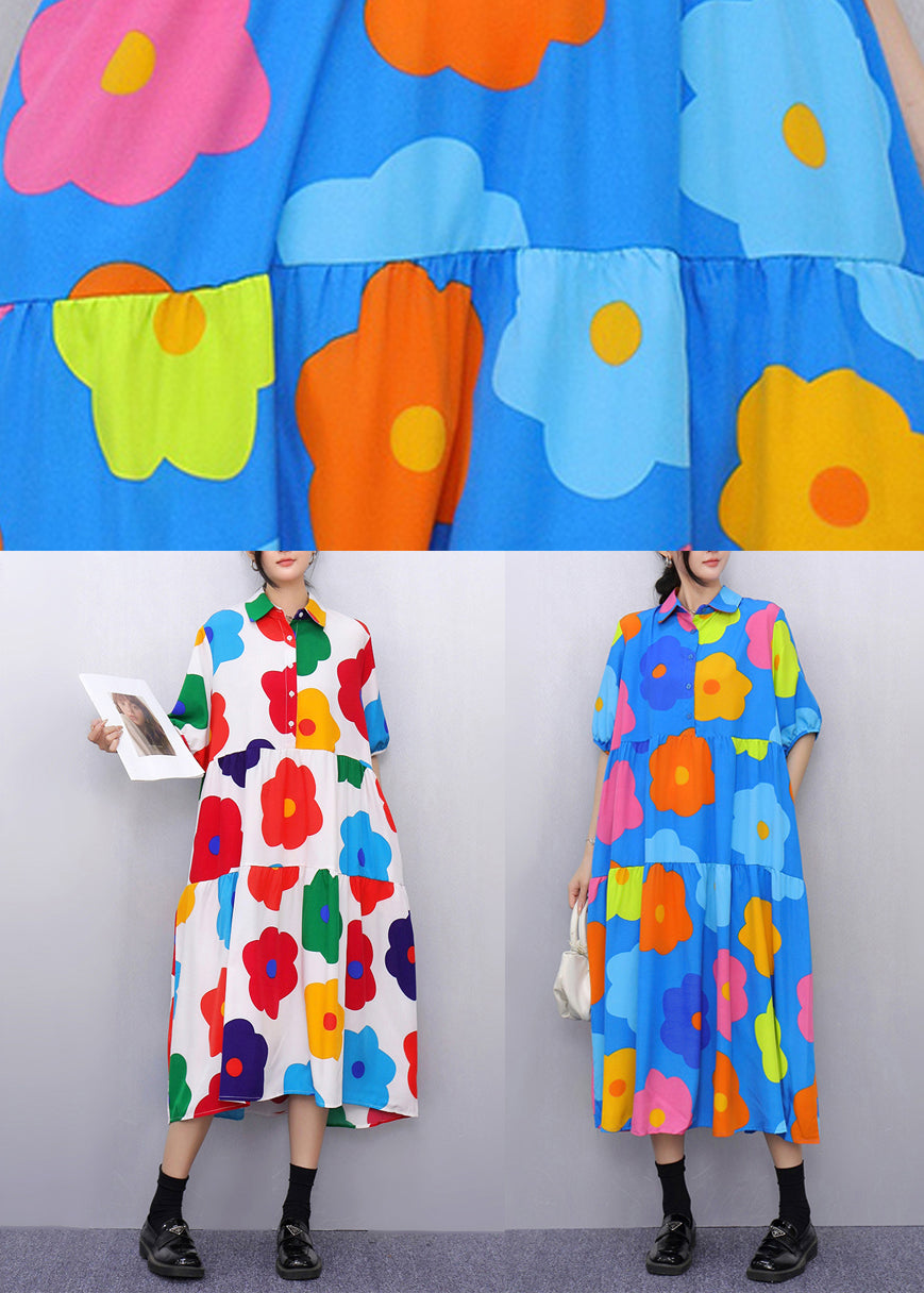 Blue Print Pockets Patchwork Cotton Blouses Dresses Half Sleeve Summer