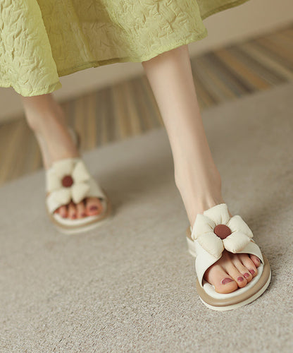 Splicing Brown Cowhide Leather Slide Sandals