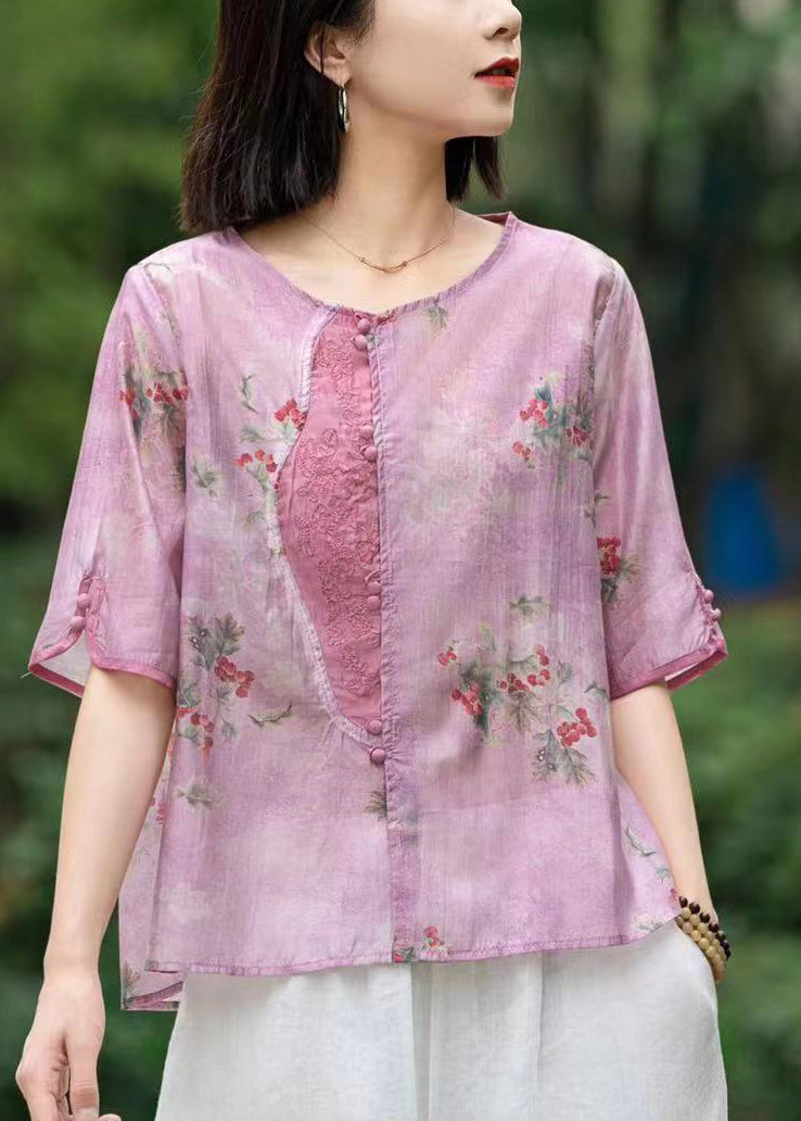 Blue Print Patchwork Linen Shirts Short Sleeve