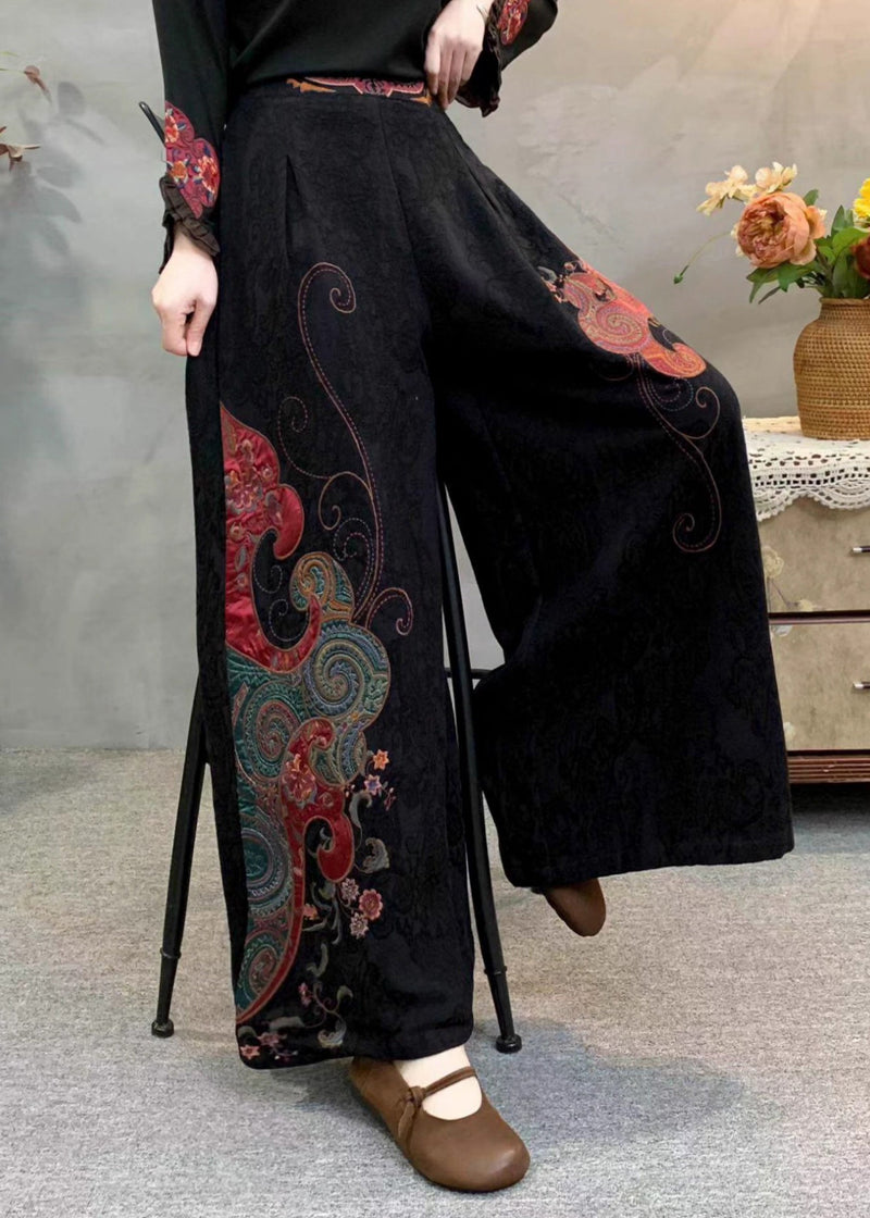 Red Embroidered Pockets Warm Fleece Pants Winter