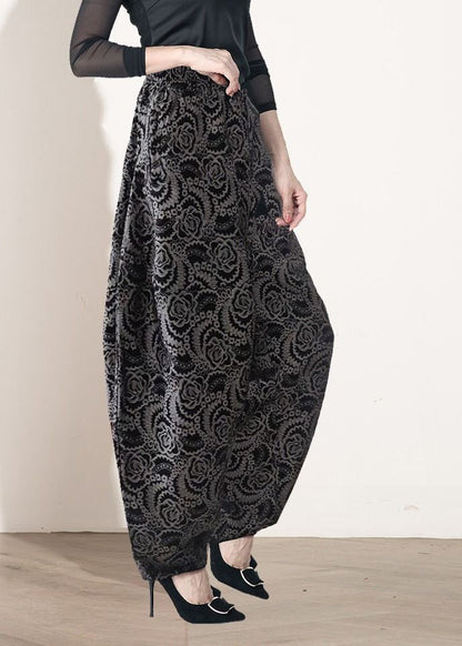 Black Print Elastic Waist Lantern Pants Spring