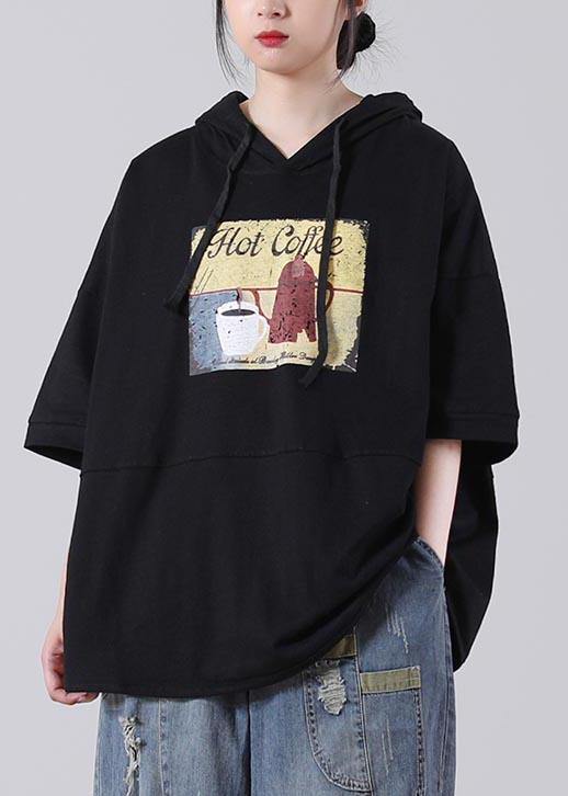 Unique Black Hooded Cotton Loose Sweatshirts Top