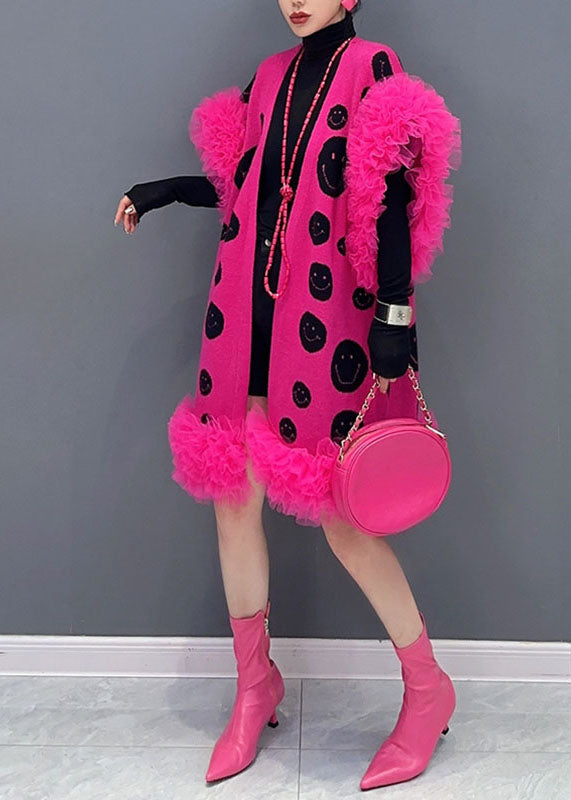 Rose Dot Print Tulle Patchwork Knit Waistcoat Sleeveless