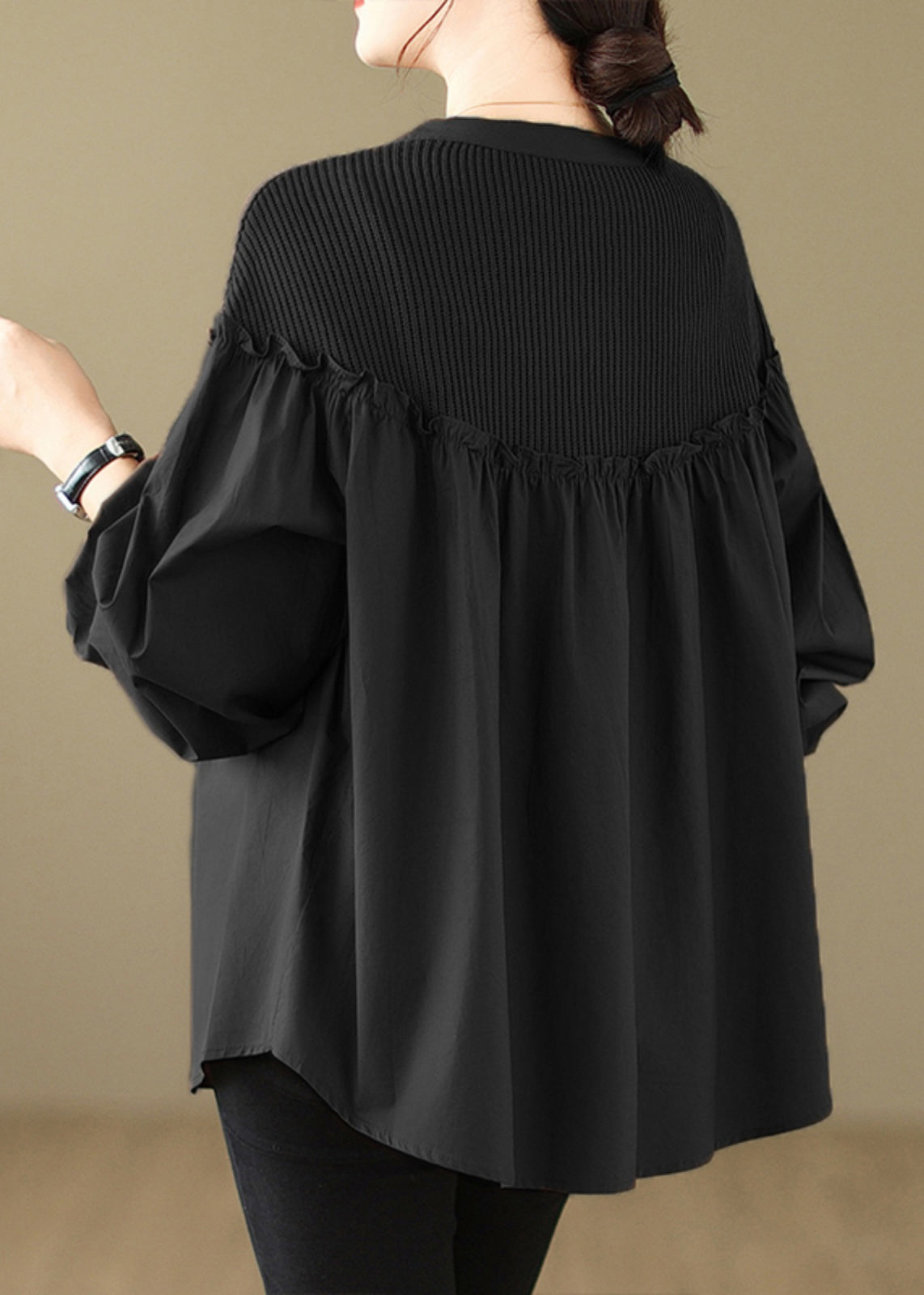 Black Ruffled Patchwork Button Top Spring