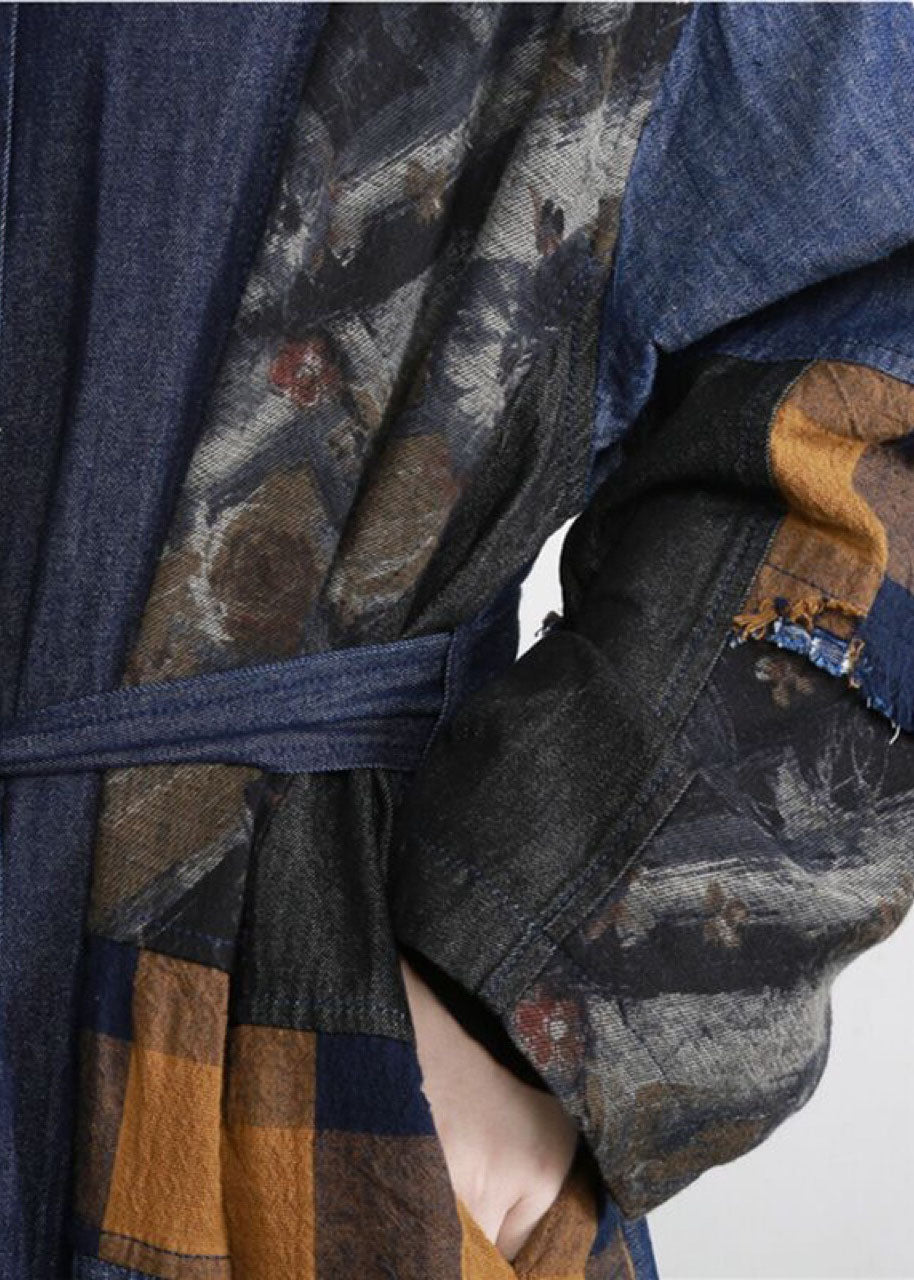 New Denim Blue Patchwork Button Tie Waist Fall Trench Coats