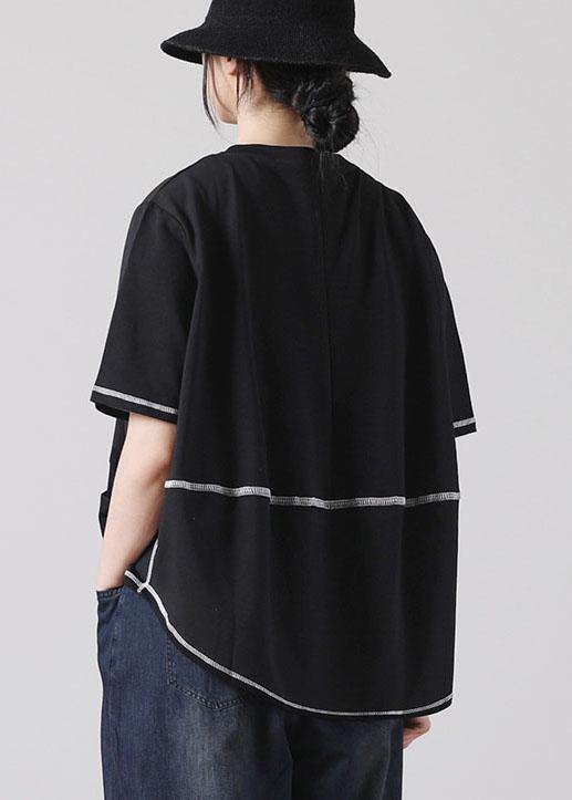 Style Black Asymmetrical Design Cotton Tee Short Sleeve