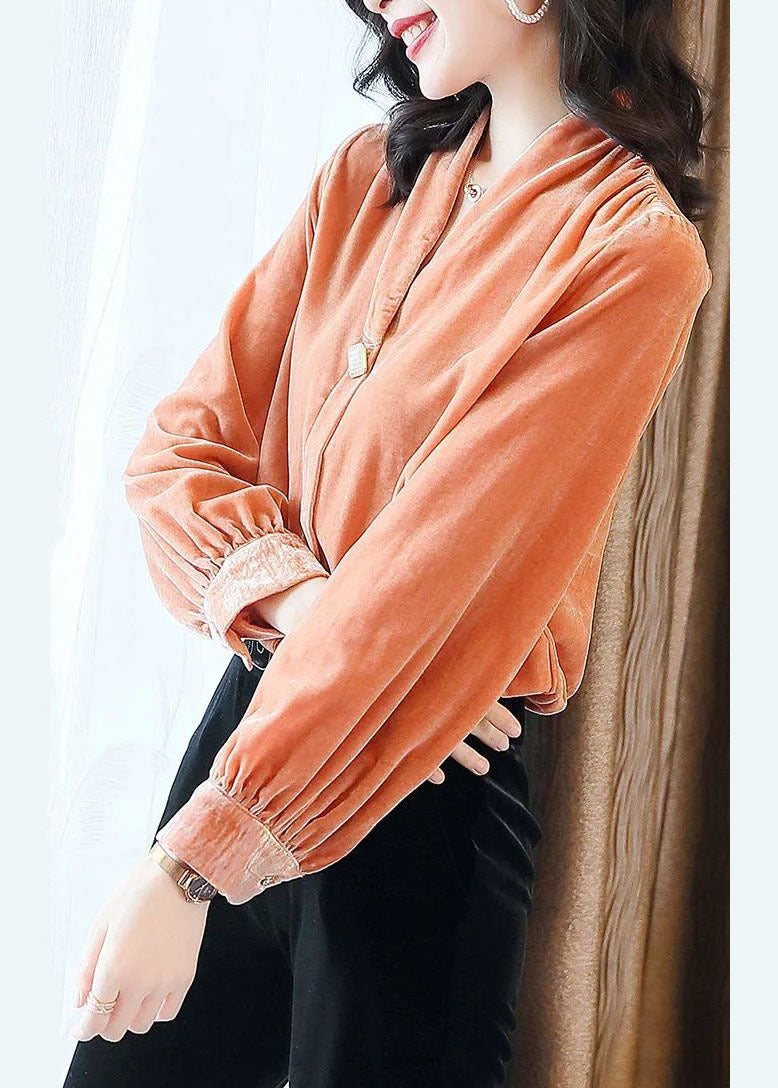 Classy Orange V Neck Patchwork Silk Velour Shirt Top Long Sleeve