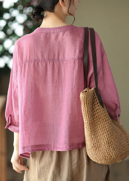Rose O-neck Patchwork Linen Tops Bracelet Sleeve