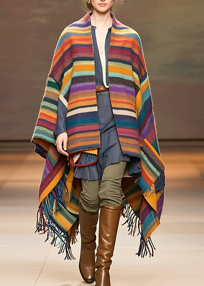 Rainbow V Neck Tassel Low High Design Woolen Coats Fall