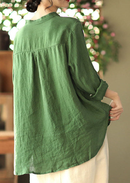 Green Embroideried Asymmetrical Design Linen Shirts Spring