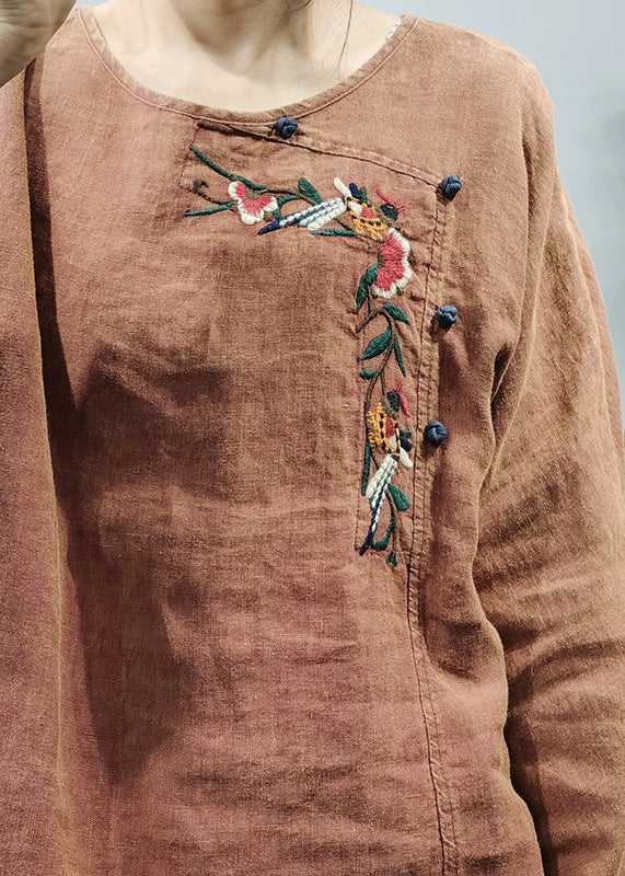 Red O-neck Side Open Embroideried Linen Top Long Sleeve