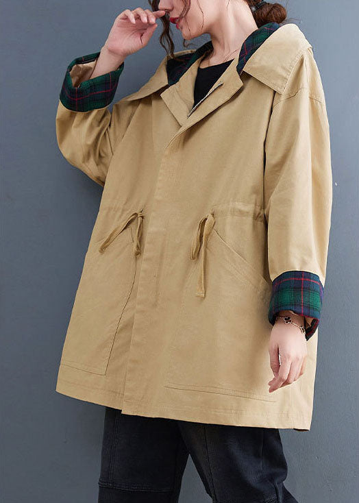 Boutique Khaki Pockets Drawstring Fall Hoodie Coat