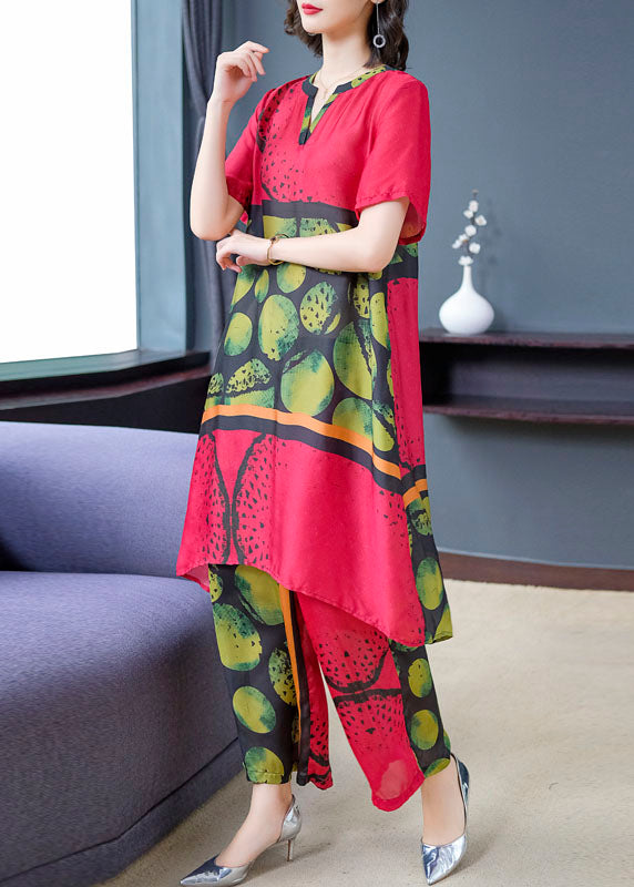 Red Print Tops and Pants Silk Two Pieces Set Summer