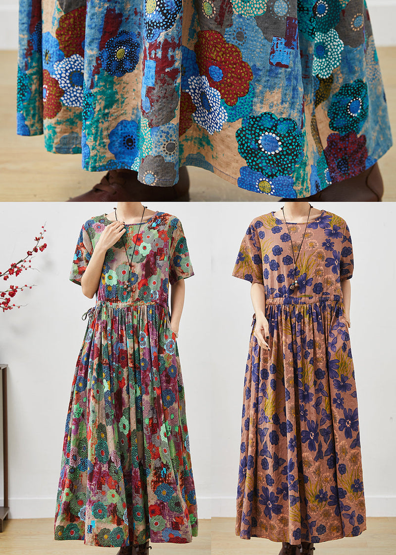 Brown Cinched Print Cotton Long Dresses Summer
