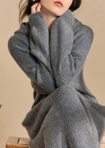 New Grey Hooded Hollow Out Knit Long Dress Winter