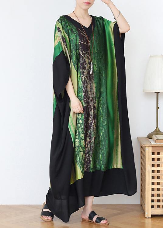 French Green Print Chiffon Patchwork Spring Dress