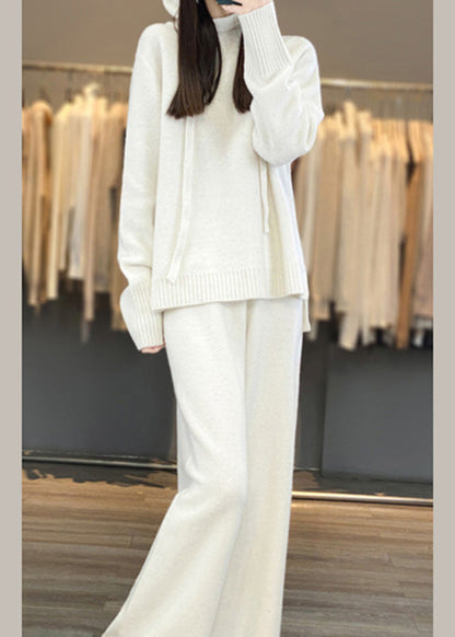 Stylish Purple Drawstring Hooded Cotton Knit Sweaters and Wide Leg Pants Two Piece Set Winter