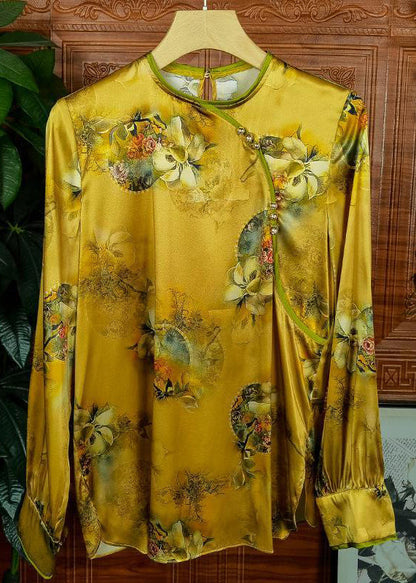 Yellow Button Print Patchwork Silk Shirts Long Sleeve