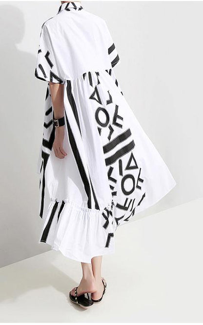 Geometric Printed Woman Summer Stylish White Midi Shirt Dress