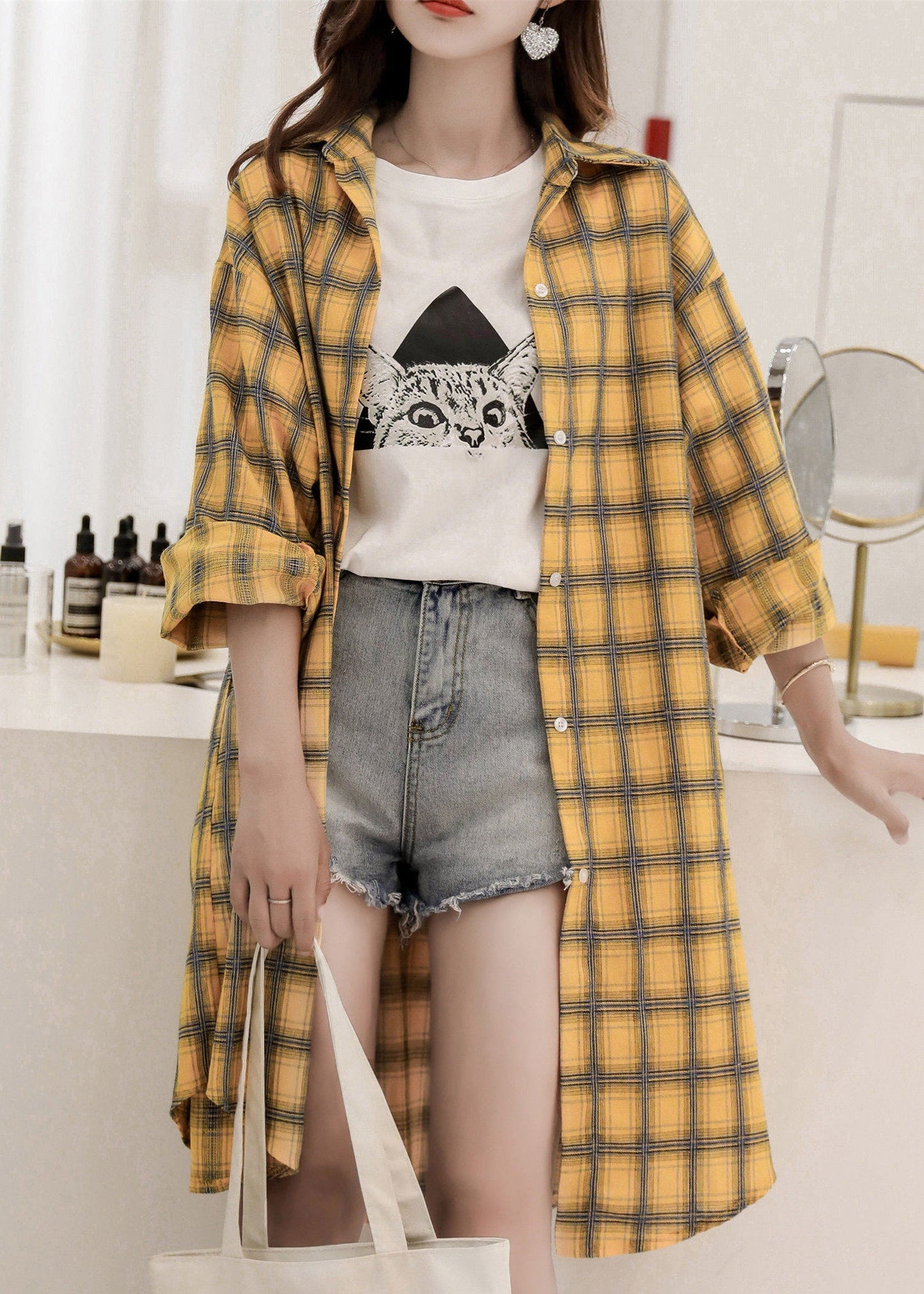 Yellow Peter Pan Collar Plaid Button Long Shirt Spring