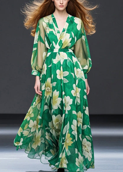 Grass Green Cinched Chiffon Maxi Dresses Fall