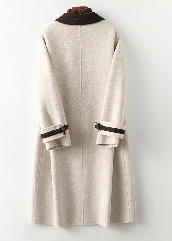 Beige Square Collar Button Woolen Long Coats Fall