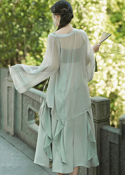 Green Embroideried Ruffled Cardigans and Spaghetti Strap Dress Chiffon Two Pieces Set Fall