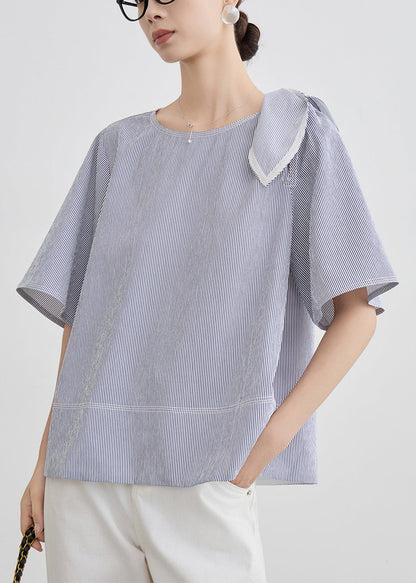 French Blue Striped Original Design Cotton T Shirt Summer