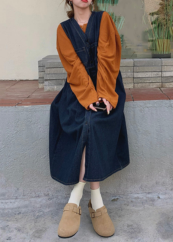New Navy Button Tops and Waistcoat Dress Denim Two Pieces Set Spring