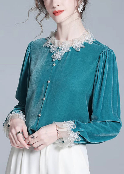 Blue Button Patchwork Silk Velour Top Winter