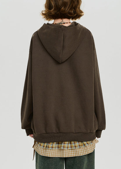 Loose Coffee Hooded Print Cotton Sweatshirt Fall