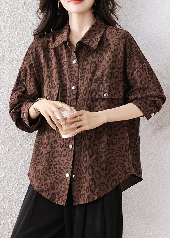 Coffee Leopard Pockets Cotton Shirts Fall