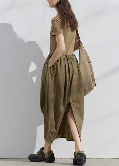 New Dark Khaki Pockets Wrinkled Patchwork Cotton Dresses Summer