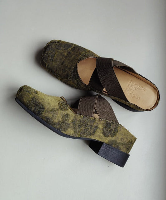Chinese Style Green Cross Strap Splicing Chunky Slide Sandals