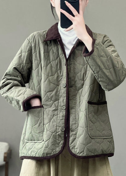 Army Green Peter Pan Collar Pockets Fine Cotton Filled Jackets Winter