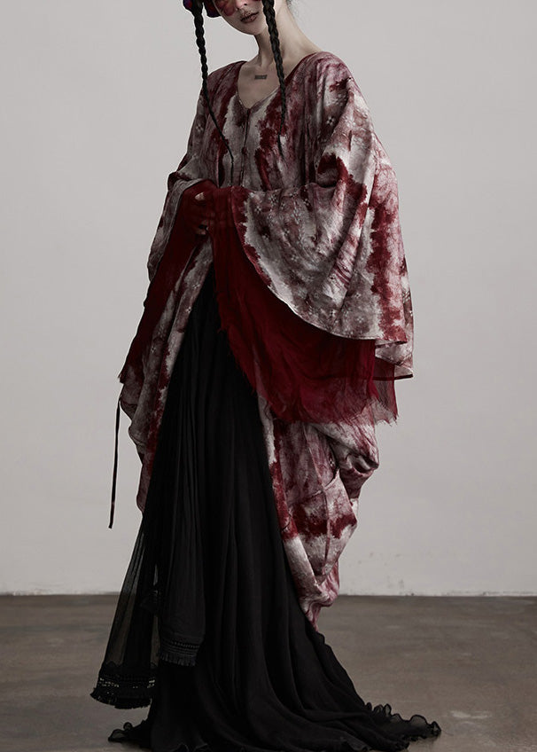 Red V Neck Asymmetrical Design Silk Cardigan Batwing Sleeve