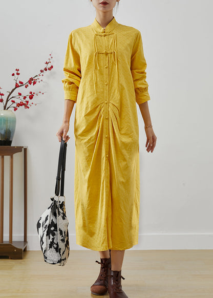 Yellow Tasseled Wrinkled Cotton Shirt Dress Fall