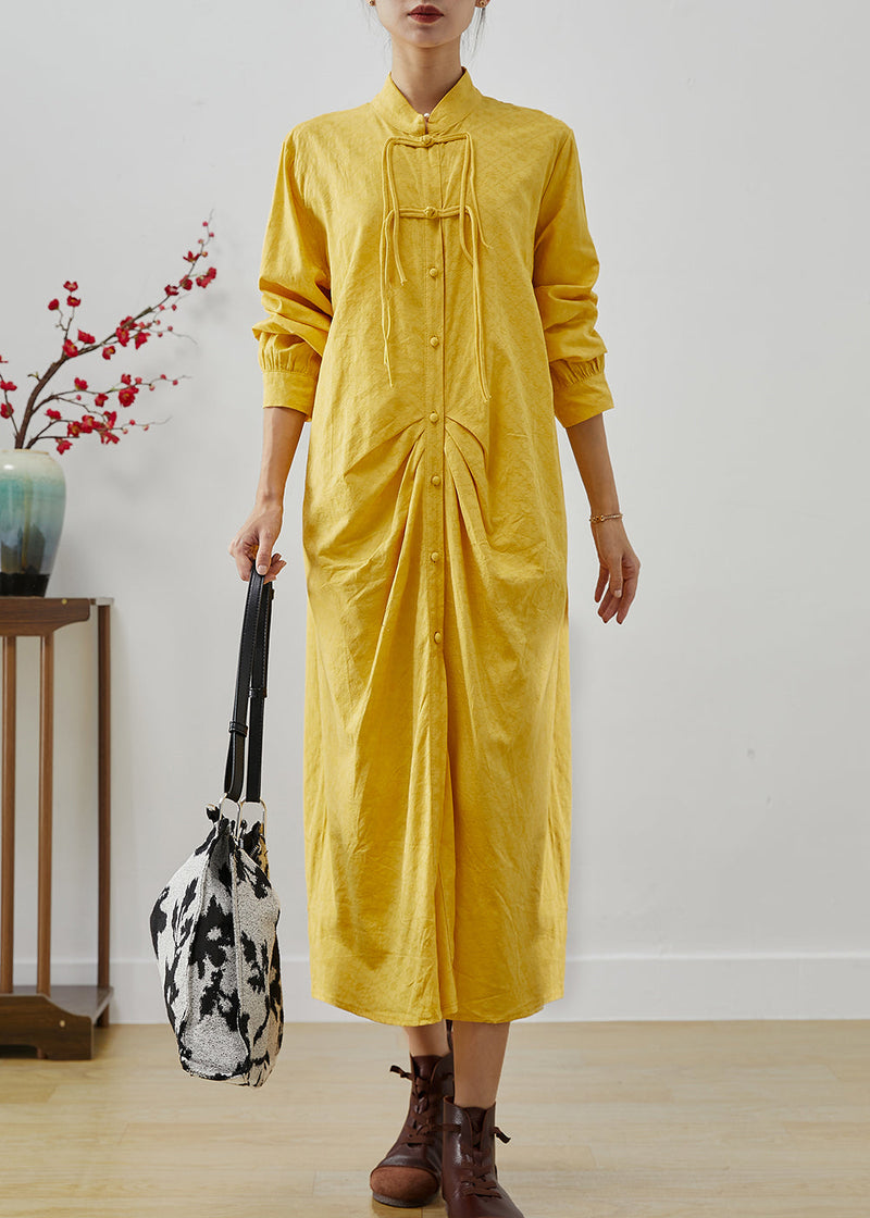 Yellow Tasseled Wrinkled Cotton Shirt Dress Fall
